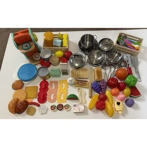 Huge Mixed Lot Of Plastic Wood Play Food Metal Pots Utensils Etc-100 pc lot